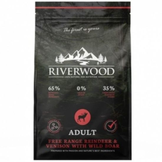 Riverwood Adult - Пълноценна суха храна, специално разработена за възрастни кучета с активен начин на живот, с месо от северен елен и див глиган,12 кг.