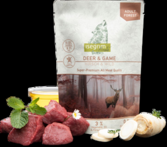Isegrim - Висококачествен пауч за израснали кучета с еленско месо и дивеч, 410 гр