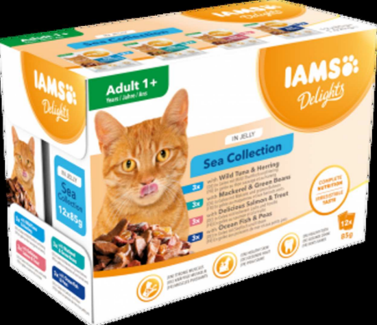 Iams Delights Sea Collection in Jelly - Вкусен пауч за израснали котки с дива риба тон и херинга, скумрия и зелен фасул, вкусна сьомга и пъстърва и океанска риба и грах, 12 х 85 гр