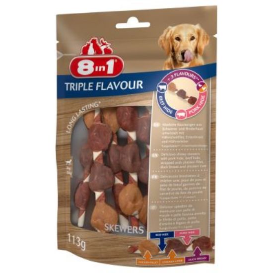 8in1 Triple Flavour - шишчета MIX - свинско, патешко, говеждо, и пилешко месо за кучета, 113 гр