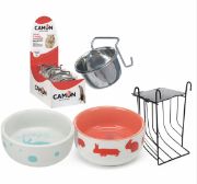 Снимка на ПРОМО комплект „Чиста клетка“ за зайци и гризачи – 2 керамични купи + метална купичка 150 мл + поставка за сено 1