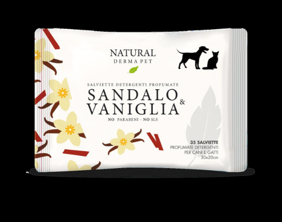 Natural Derma Pet Мокри кърпи SANDALO/VANIGLIA — почистващи кърпички за кучета и котки, сандалово дърво и ванилия, 35 бр.