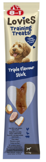 8in1 Lovies Training Stick Triple Flavour — тренировъчно лакомство за кучета с пиле, патица и свинско, 15 г