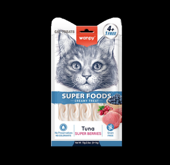 Wanpy Superfoods Creamy Treat — кремообразно лакомство за котки, с риба тон и горски плодове, 5 х 14 г