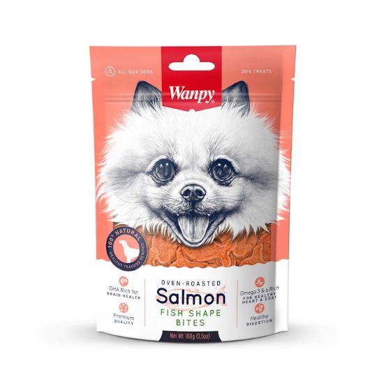 Wanpy Salmon Fish Shape Bites -Кучешко лакомство премиум клас хапки от сьомга с формата на рибки, печени на фурна, 100 гр