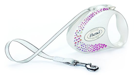 Flexi Swarovski GLAM Composition S - Модерен автоматичен повод за кучета, 3 метра лента, до 12 кг - цвят бял