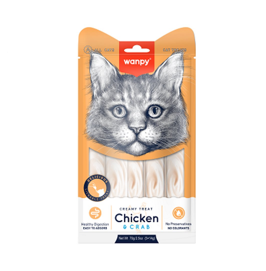 Wanpy Cat - Кремообразно лакомство за котки с пилешко и раци, 5х14гр. в пауч