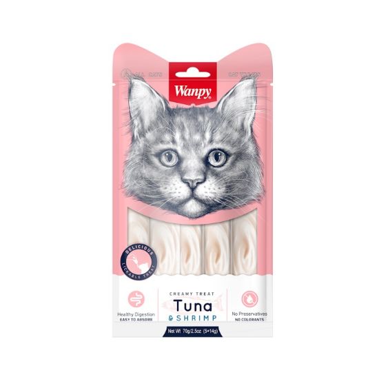 Wanpy Creamy Tuna &amp; Shrimps 5 x 14гр - премиум клас кремообразно лакомство за котки с риба тон и скариди, 3 пакета х 5 порции (15 х 14 гр. )