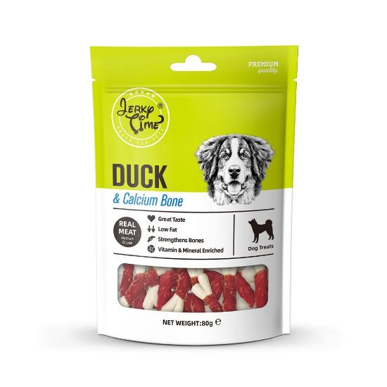 Jerky Time Duck &amp; Calcium Bone - Премиум лакомство за кучета с истински калциеви кокалчета с патешко месо, годно за човешка консумация, 80 гр