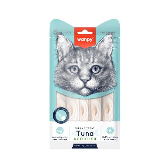 Wanpy Creamy Tuna and cod 5 x 14 г - Премиум клас кремообразно лакомство за котки с риба тон и треска, 5 порции в пакет