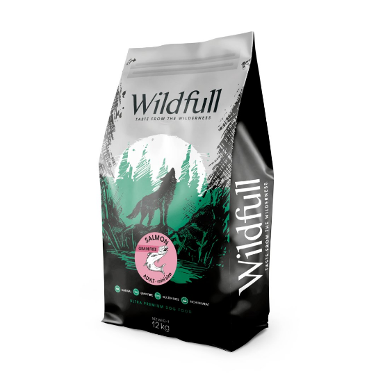 Wildfull dog salmon mini size - Пълноценна суха храна за израснали кучета от малки и мини породи, без зърно, със сьомга, 12 кг.