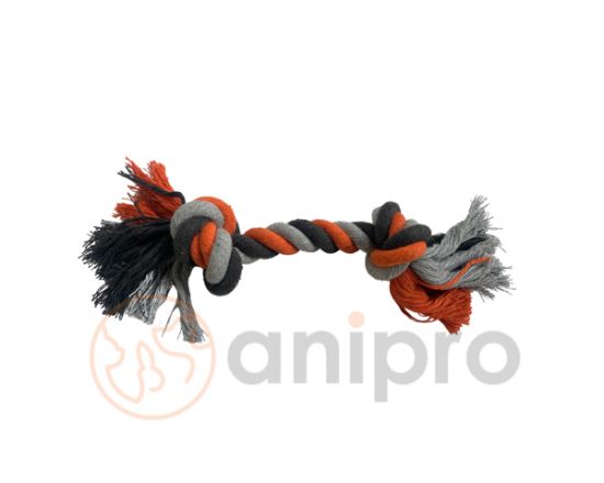 Anipro - Въжена играчка за кучета за дъвчене и дърпаме, с 2 възела, сиво/оранжево, 30 см, 130-140 гр.