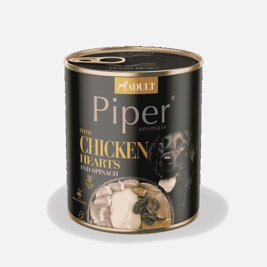 Piper Adult Dog - Пълноценна консервирана храна за израснали кучета с пилешки сърца, кафяв ориз и спанак, 800 гр