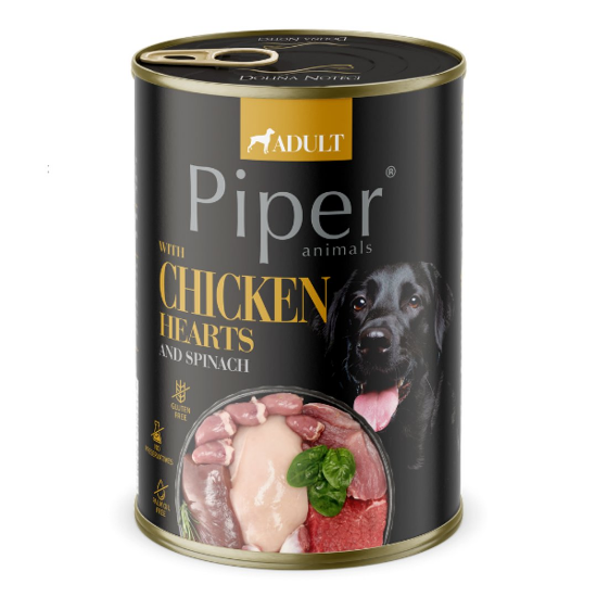 Piper Adult Dog - Пълноценна консервирана храна за израснали кучета с пилешки сърца, кафяв ориз и спанак, 400 гр