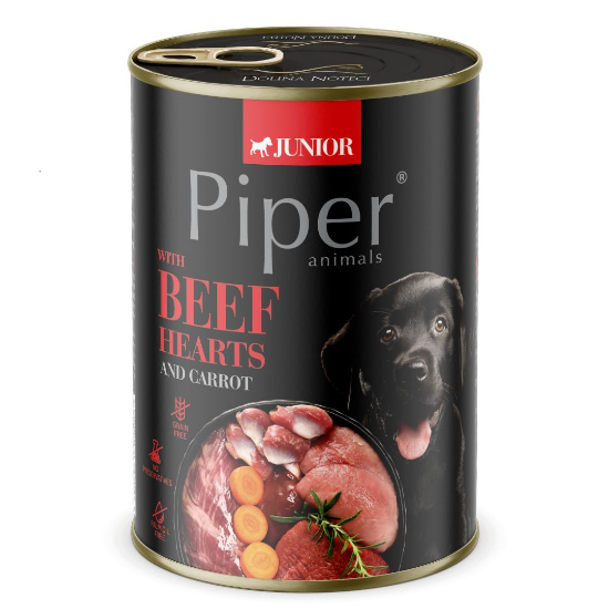 Piper Dog Junior — консерва за подрастващи кучета с говежди сърца и моркови, 400 г
