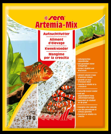 Sera Artemia-Mix е жива храна за водни животни в сладка и солена вода, 18 гр.