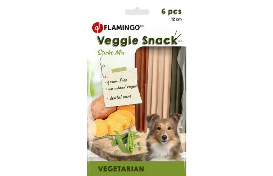 Flamingo Veggie rod mix - Дентално лакомство за кучета, вегетариански пръчици, х 12 см, 6 броя