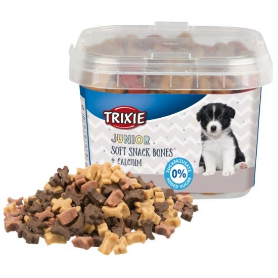 Trixie Junior Soft Snack Bones - Вкусно лакомство/наградки за подрастващи кучета, вкусни хапки с пилешко, агнешко, сьомга и калциций, 140 гр