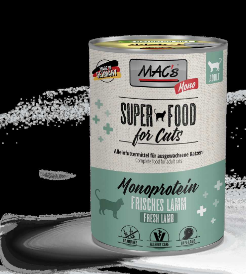 Mac’s Cat Lamb and carrot - Премиум консервирана храна за котки с чувствителен стомах, без зърно, с агнешко месо и моркови и вечерна иглика за чувствителни котки.
