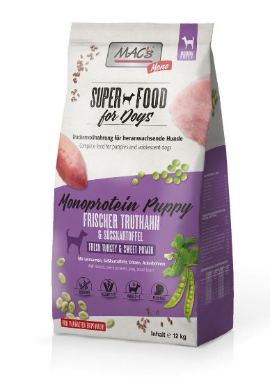 Mac's Monoprotein Puppy суха храна с пуешко, ленено семе и ананас и сладък картоф за капризни и податливи на алергии подрастващи кучета 12 кг