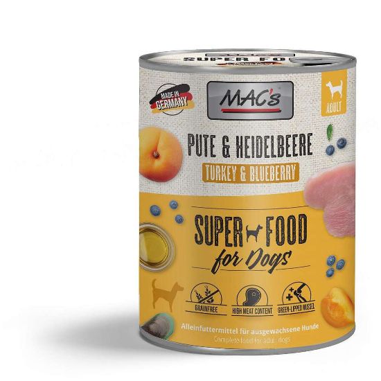 Mac's Dog Turkey - Пълноценна консервирана храна за кучета, без зърно, с пуешко месо боровинки и кайсии, 400 гр