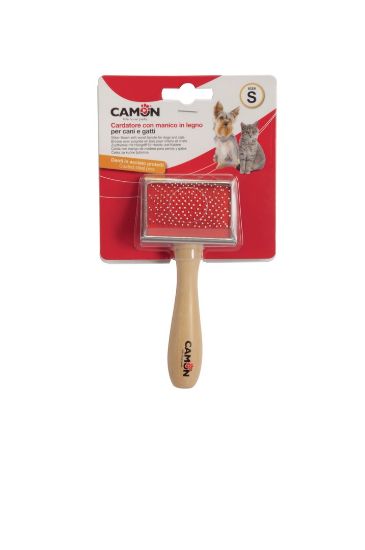 Camon Slicker brush with wooden handle L - Дървена четка за кучета, с метални щифтове с пластмасово покритие, 12/6 см.