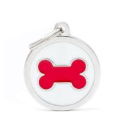 My Family Dog Tag - Ръчно изработен кръга адресник с кокал , за кучета 3.93 см/ 3.17 см. червено бял 2