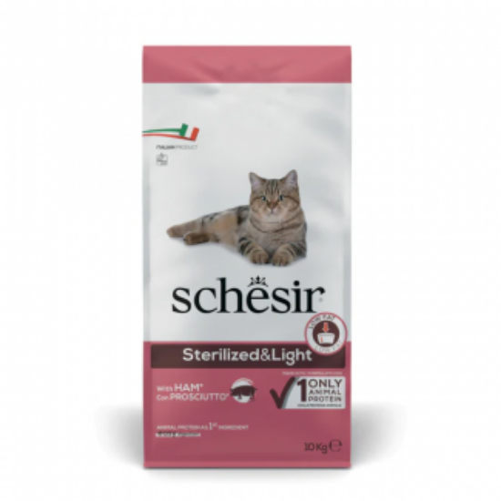 Schesir Sterilized & Light - Пълноценна суха храна за израснали котки с прошуто, за кастрирани или с наднормено тегло, 10 кг.