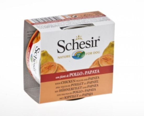 Schesir Chicken Fillet And Papaya -Консервирана храна за израснали кучета с пилешки филенца и папая, 150 гр