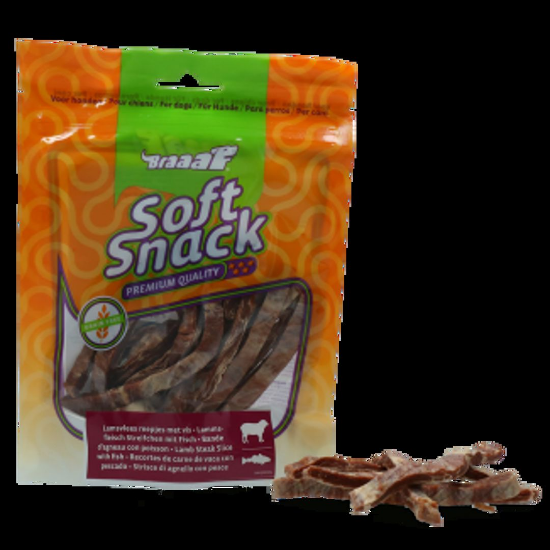 Braaaf Soft Snack - Меки лакомства за кучета, вкусни ленти с агнешко и риба - 85 гр