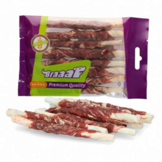 Braaaf - Усукани солети за кучета, бяла кожа с говежо и риба в пакет/ 80 гр. /12см