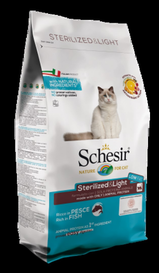 Schesir Sterilized & Light with Fish - Пълноценна суха храна за израснали котки, с риба, за кастрирани или с наднормено тегло 400 гр.
