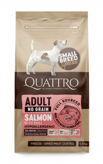 Quattro Adult - Пълноценна суха храна за израснали кучета над 1 година с месо от сьомга и крил, 1.5 кг.